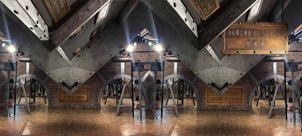 parements de briques style industriel et murs métal sur IPN style Eiffel