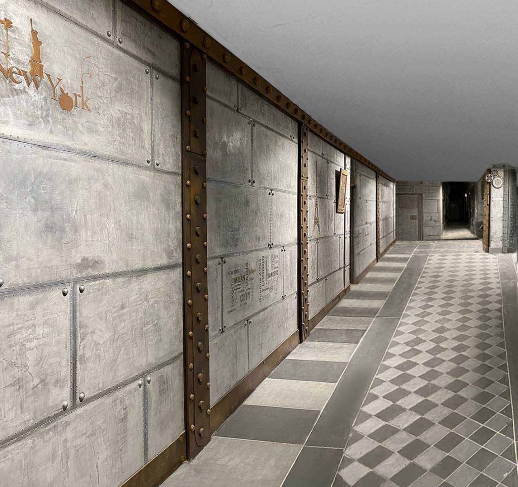 Peintre entrée hall d'immeuble décorateur d'intérieur murs métal et IPN style Eiffel